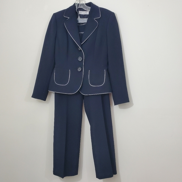 Tahari Navy Blue Suit with white Stripe, Size 4P - Picture 1 of 6